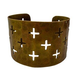 Vintage Open Work Crosses Wide Cuff Bangle Bracelet Brass Tone Boho Timeless